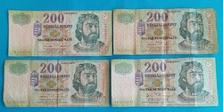 4 HUF 200 bills 2001 2005 2006 2007