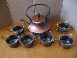 Retro Jena glass tea, coffee, mulled wine set with jug, 6 glasses in a copper holder
