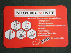 Kártyanaptár, Mister Minit cipőjavítás, kulcsmásolás,élezés,grafikai rajzos,reklám, 2010,  (6)