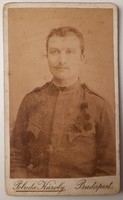 Antique business card (cdv) photo, portrait of a man in uniform, Károly Pobuda, Budapest, 1880s