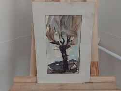 (K) József Petkes lonely tree painting 20x31 cm with mount