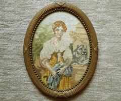 Antique Mixed Mixed Media Tapestry Pin Tapestry Picture In Oval Glazed Frame Victorian Lady