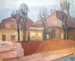 Iván szilár (1912-1988): street detail (oil painting on canvas) - street view, houses