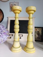 Large, 42 cm wooden candle holder, in a pair, yellow color, worn paint