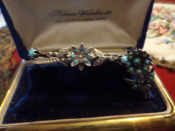 Marked, antique silver bracelet with turquoise stones, small baroque pearls and brooch set!
