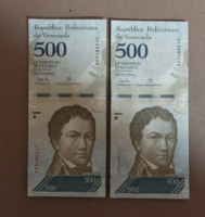 500 Bolívares UNC sorszámkövető páros.