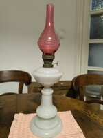 Antique glass table lamp, polished tempered glass! Chalcedony, opal glass Biedermeier red glass.