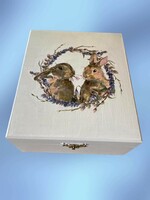 White wooden box with Easter bunny pattern, 9 decoupage eggs, unique handmade gift