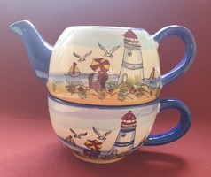Porcelán kerámia teás bögre csésze kanna tengerparti minta világító torony sirály