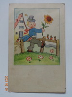 Old graphic greeting card, boy with sunflower