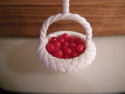 Doll furniture - basket - with fruit - 6 x 4 cm - with hanger - plastic - retro - German - perfect