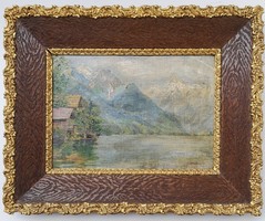 Mednyánszky (1852-1919) jelzéssel: Hegyi tó kunyhóval. Jelzett olajfestmény.