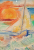 Sanyó marked: sailing before an orange sunset