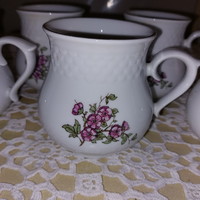 Hollóháza rare, beautiful gold-edged, flowery, pot-bellied, porcelain mug, 6 pcs