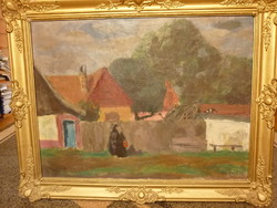 Sándor Bótos for sale: oil canvas painting of village houses with people talking and a cat