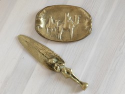 Brass alloy angel shaped paper cutter and camel motif ashtray