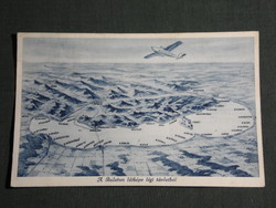 Postcard, the Balaton, graphic map, settlements, seaplane, plane, ship, 1936