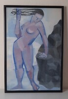 Art deco nude painting, tempera, paper, in frame, behind glass