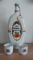 Hollóházi porcelain Várda old peach brandy flask set (with 2 cups)