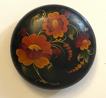 Marked painted Russian round lid wooden jewelry box with orange flowers