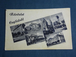 Képeslap, Cegléd, mozaik részletek,városháza ,Kossuth szobor,templom, 1953