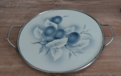 Large 25cm! Art Nouveau Faience Fruit Pattern Tray with Ball Legs, Metal Edge, Serving Tray, Mat
