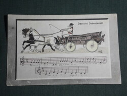Postcard, Debrecen, graphic drawing, sheet music, two-wheeled cart, 1916