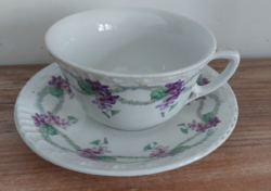 Porcelain breakfast set decorated with antique violet decor, tea cup with base + 1 plate as a gift