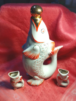Antique porcelain drink holder fish with two fish glasses