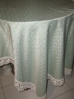 Beautiful green silk damask tablecloth with lace edges