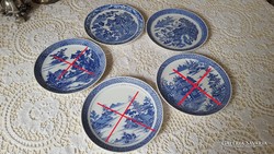 Spode English willow patterned porcelain plates with different patterns, 5 pcs.