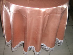 Beautiful peach pink round silk tablecloth with lace fringed edges
