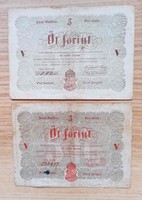 5 Forint 1848. Az egyik barna, a másik piros betűs.