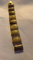 Antique greenish yellow mineral cabochon bracelet, art deco style women's metal jewelry