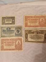 50 Filér (1920), 1 krone (1920), 2 krone aa (1920) 2 krone ab (1920), 10 krone (1920)