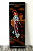 Old beautiful hand-painted oriental lacquered wood wall picture with shell inlay