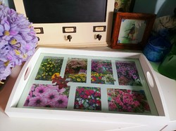 Full of flowers large size 49 x 32 cm white painted wooden tray, with glass insert, with replaceable photos