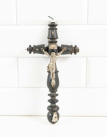 Old bieder wooden cross with pewter body, matyó maria - damaged wooden crucifix