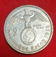 Horogkeresztes ezüst birodalmi 2 Márka 1939. G. (1503)