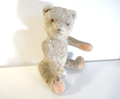Old straw teddy bear, antique toy teddy bear, red eyes, white fur, teddy bear 1950s