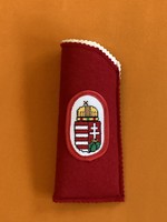 Red felt glasses case with coat of arms, needle tapestry insert