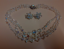 Old beautiful condition three-row sparkling actor polished Czech crystal necklace with earrings