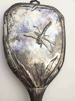 Antique art nouveau metal vanity mirror with a female figure and dragonfly motifs