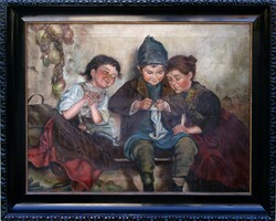 Bartholomeidesz horgoló gyerekek olajfestménye eladó. Aláírt. 1923.