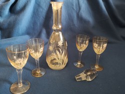 Old crystal glass, decorated with snowdrops + 4 glasses