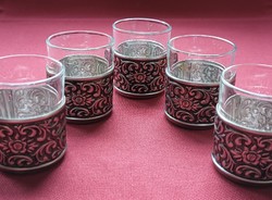 French glass metal liqueur short drinking glasses set of 5 pcs