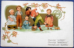 Antique art nouveau graphic litho postcard - fighting children / lindt chocolate advertisement