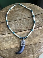 Old Navajo Indian bone necklace with silver base, turquoise and silver beads