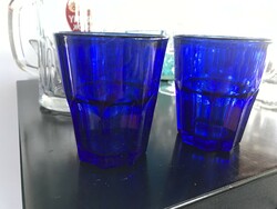 2 blue molded glass cups, water glasses