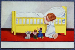 Régi  Wills  humoros grafikus  üdvözlő  képeslap - kádban éneklő kisleány